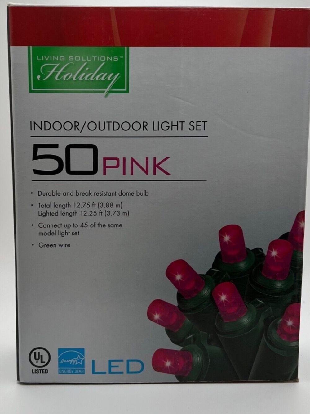 Living Solutions 50 PINK Holiday Dome Bulb Lights LED indoor/outdoor 12.75ft